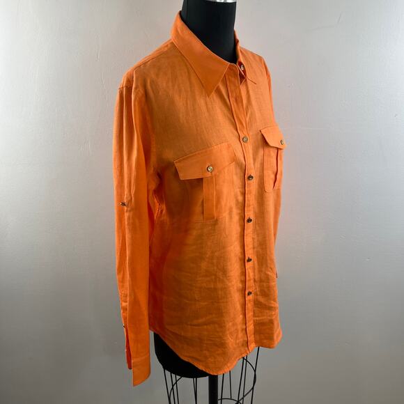Lauren Ralph Lauren Linen Button Down Top Orange Long Sleeve Pockets Size L - Picture 5 of 12